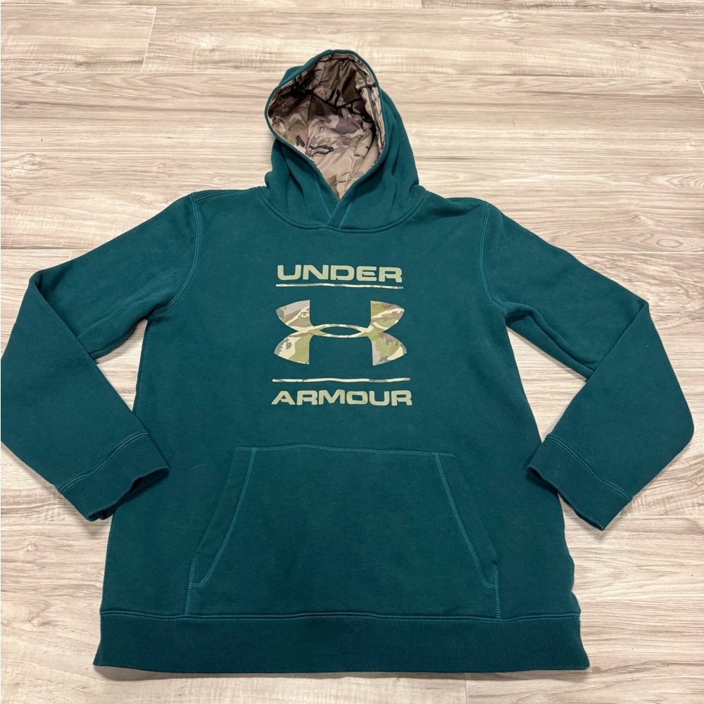 Under Armour Green Hoodie with Camo Logo Youth XL Great Condition
